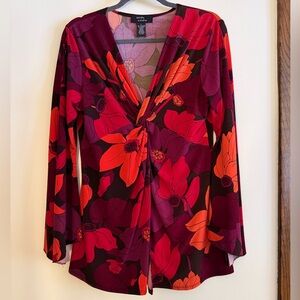 Floral V-Neck Twist Blouse - Red and Orange Bohemian Fall Y2K Tunic Blouse 70s